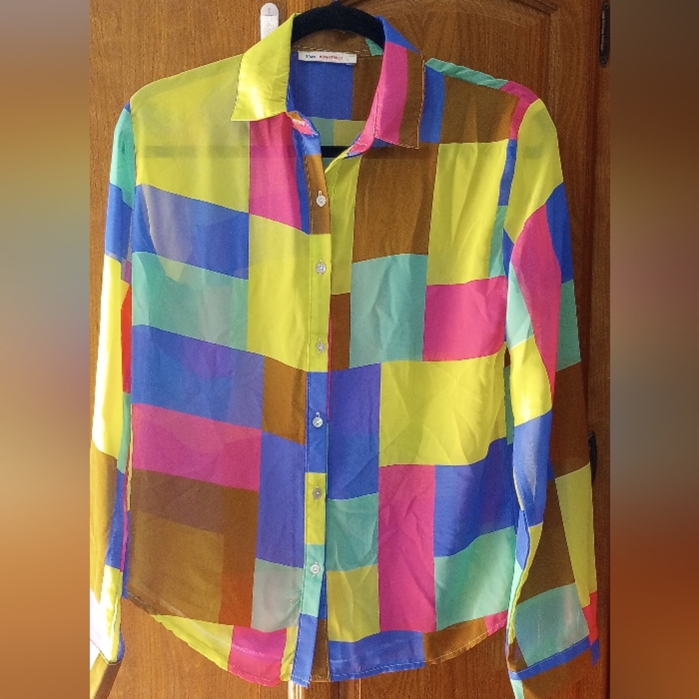 Moonstruck Color Block Sheer Button Down Top Y2 K… - image 1